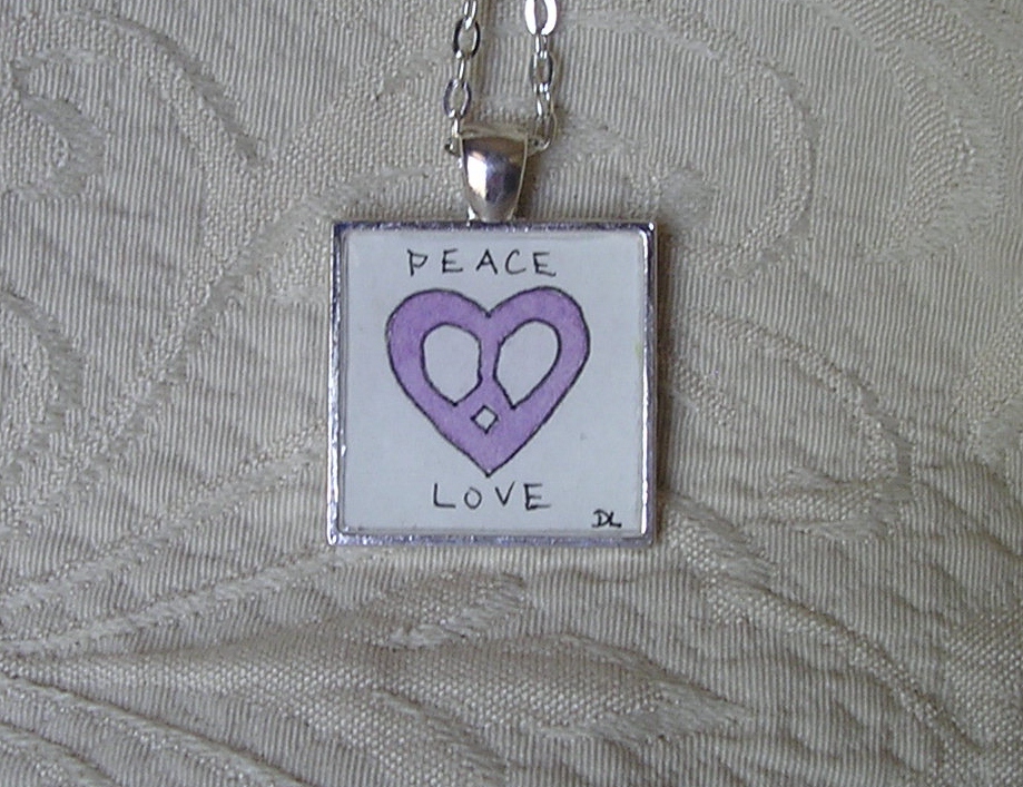 Peace Love Symbol Miniature Watercolor Pendant In Purple